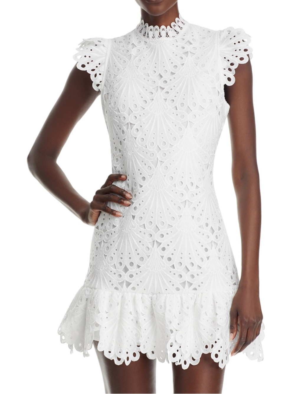 White Lace Eyelet Mini Dress with Ruffle Hem